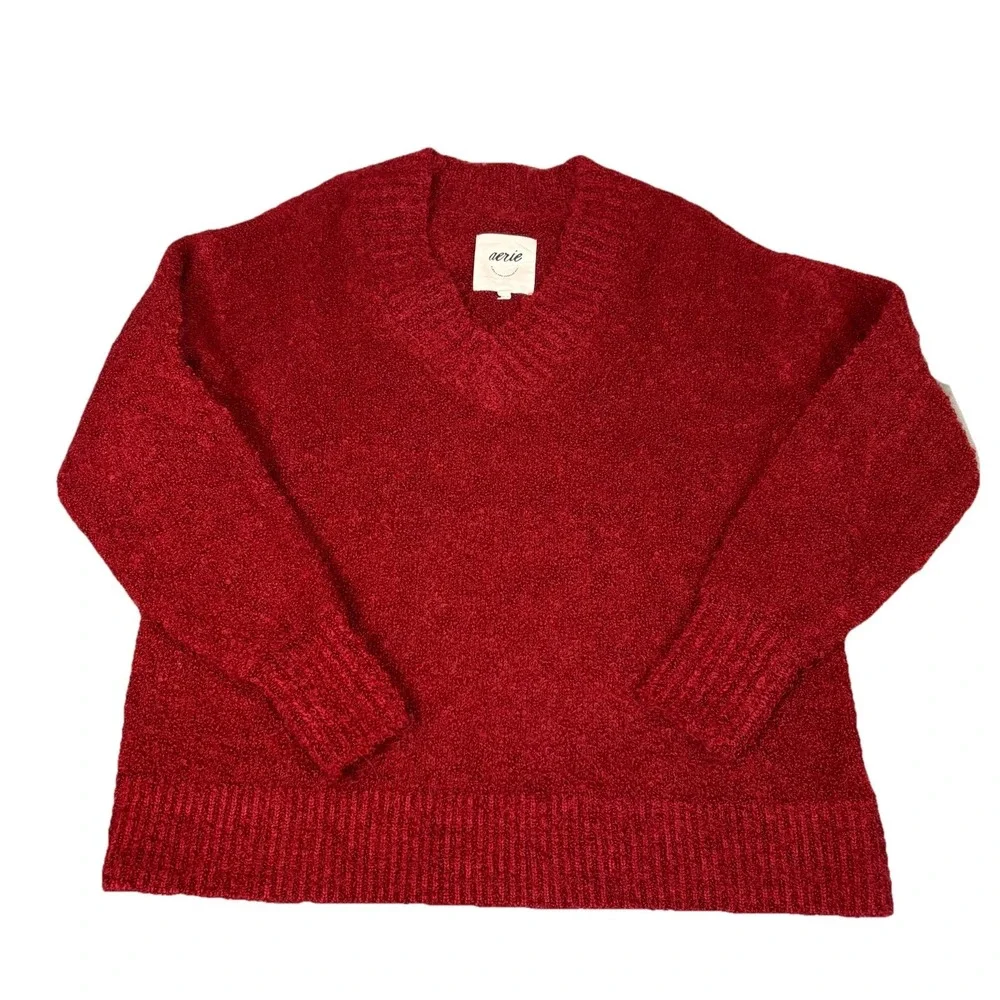 Aerie Cozy Oversized Bouclé V-Neck‎ Sweater Red Women's Size Small Oversized